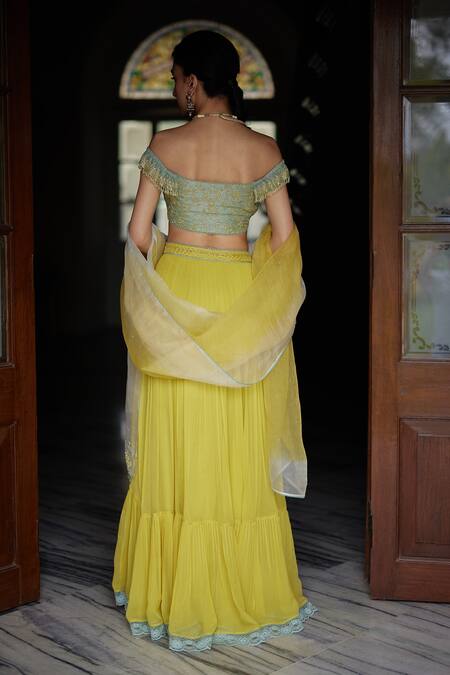 Shop Label Nimbus Green , Georgette, Organza Embroidery One Hand Blouse Lehenga Set at Aza Fashions Shop_Label Nimbus_Green , Georgette, Organza Embroidery One Hand Blouse Lehenga Set _at_Aza_Fashions