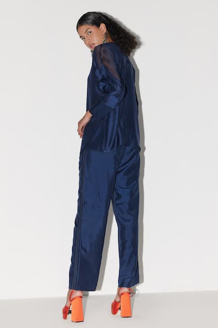 Shop Febo6 Blue Silk Round Neck Panelled Top at Aza Fashions Shop_Febo6_Blue Silk Round Neck Panelled Top _at_Aza_Fashions