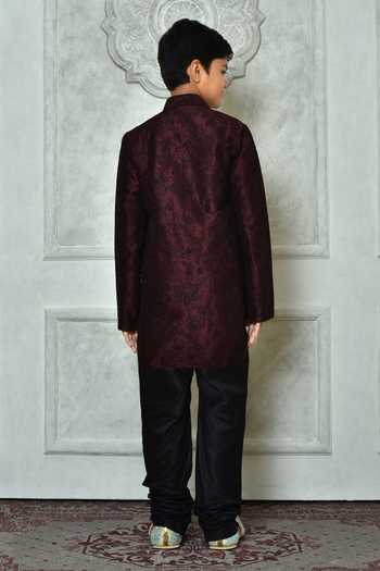 Shop Petite Pomme Wine Silk Embroidery Botanic Pattern Full Sleeve Kurta at Aza Fashions Shop_Petite Pomme_Wine Silk Embroidery Botanic Pattern Full Sleeve Kurta _at_Aza_Fashions