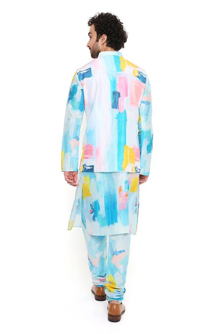 Shop PS Men By Payal Singhal Blue Silk Embroidery Painterly Print Bundi And Kurta Set at Aza Fashions Shop_PS Men By Payal Singhal_Blue Silk Embroidery Painterly Print Bundi And Kurta Set_at_Aza_Fashions