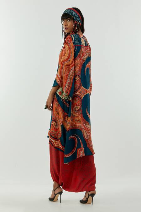 Shop Aseem Kapoor Blue Natural Crepe Notched Mitra Printed Kurta And Pant Set Online at Aza Fashions Shop_Aseem Kapoor_Blue Natural Crepe Notched Mitra Printed Kurta And Pant Set_Online_at_Aza_Fashions