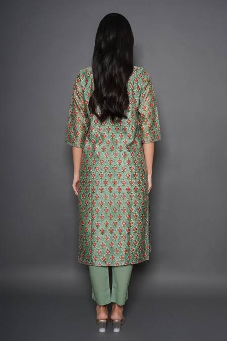 Shop Kameez Green Kurta Chanderi Printed And Embroidered Floral Mandarin & Pant Set at Aza Fashions Shop_Kameez_Green Kurta Chanderi Printed And Embroidered Floral Mandarin & Pant Set_at_Aza_Fashions