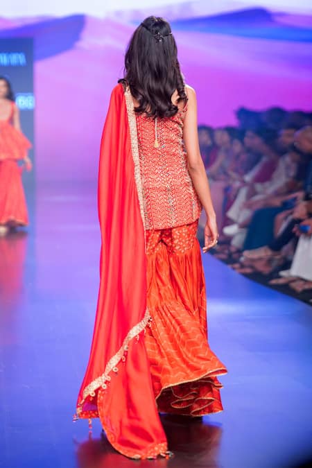 Shop Punit Balana Red Organza, Silk Embroidery Scoop Surkh Laal Strappy Short Kurta Gharara Set at Aza Fashions Shop_Punit Balana_Red Organza, Silk Embroidery Scoop Surkh Laal Strappy Short Kurta Gharara Set _at_Aza_Fashions