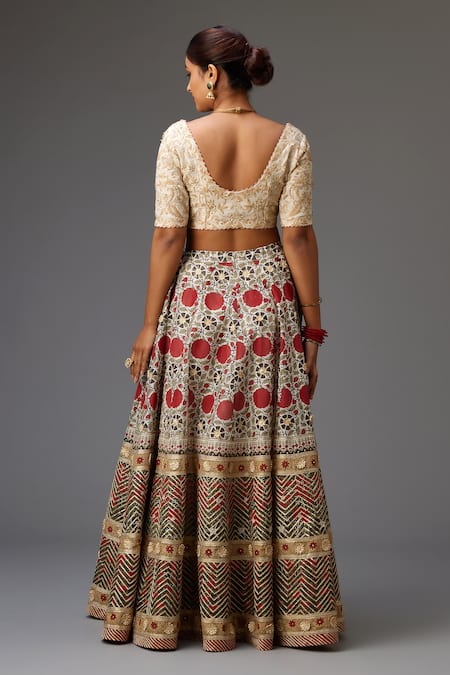 Kora Silk Chanderi Flower Hand Block Print Choli Lehenga Set 