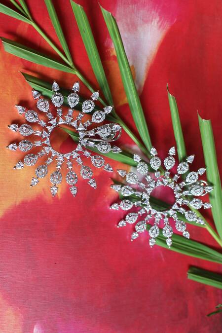 Shop_Nayaab by Sonia_Silver Plated Crystals, Diamonds Sol Sun Shaped Earrings _at_Aza_Fashions