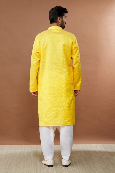 Shop_Aham-Vayam_Yellow Silk, Cotton Sequins Kharif Leaf Embroidered Kurta Set _at_Aza_Fashions