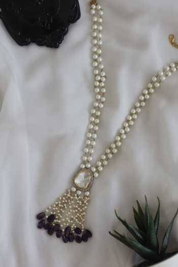 Buy Do Taara Silver Plated Polki And Pearl Necklace at Aza Fashions Buy_Do Taara_Silver Plated Polki And Pearl Necklace _at_Aza_Fashions