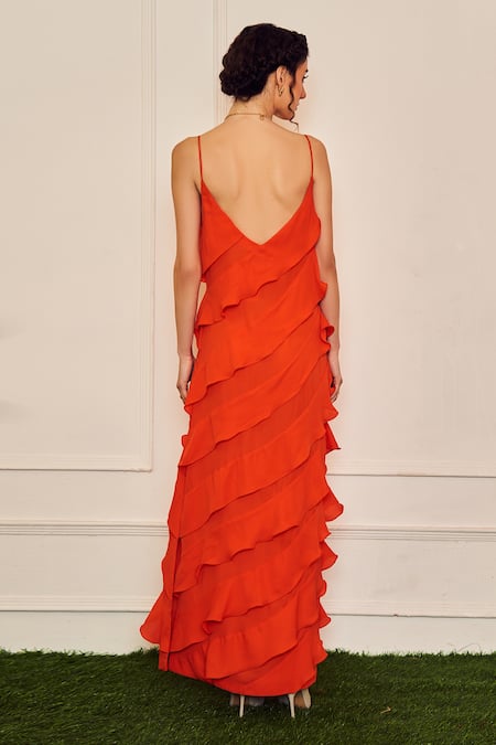 Shop Therealb Orange Polyester V-neck Afternoon Cocktail Ruffled Spaghetti Strap Dress at Aza Fashions Shop_Therealb_Orange Polyester V-neck Afternoon Cocktail Ruffled Spaghetti Strap Dress _at_Aza_Fashions