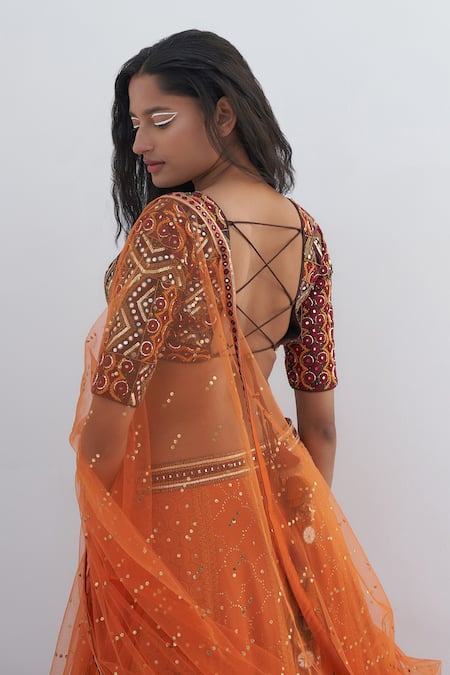 Shop Nadima Saqib Orange Silk, Chanderi, Net Embroidery, Lucknowi Quatrefoil Lehenga Set at Aza Fashions Shop_Nadima Saqib_Orange Silk, Chanderi, Net Embroidery, Lucknowi Quatrefoil Lehenga Set _at_Aza_Fashions