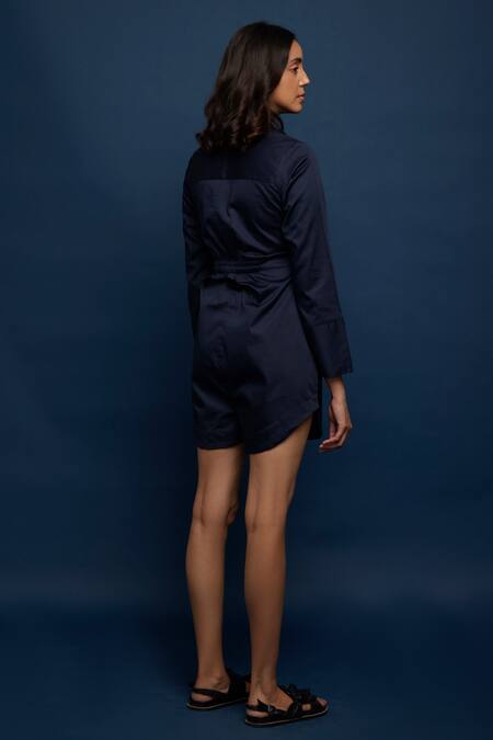 Shop_Escape By Aishwarya_Blue Cotton Satin Collared Front Tie Up Jumpsuit _at_Aza_Fashions