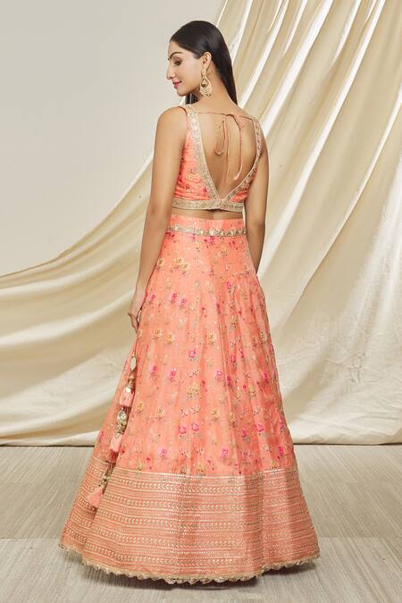 Shop_Gopi Vaid_Pink Silk, Net Embroidery, Tassels V-neck Nargis Floral Print Lehenga Set_at_Aza_Fashions