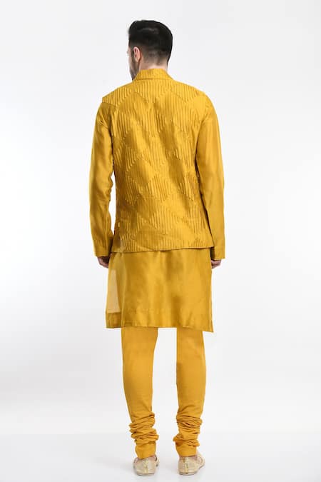 Shop_Samant Chauhan_Yellow Suede Reversible Bundi And Kurta Set _at_Aza_Fashions