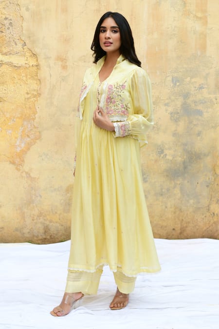 Shop Label Niti Bothra Yellow Silk Embroidery, Beads, Pearls V-neck Floral Jacket Kurta And Palazzo Set at Aza Fashions Shop_Label Niti Bothra_Yellow Silk Embroidery, Beads, Pearls V-neck Floral Jacket Kurta And Palazzo Set _at_Aza_Fashions