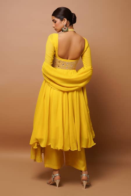 Shop Ahi Clothing Yellow Georgette, Linen Embroidery, Gota Patti, Gathered Sleeve Anarkali Set at Aza Fashions Shop_Ahi Clothing_Yellow Georgette, Linen Embroidery, Gota Patti, Gathered Sleeve Anarkali Set _at_Aza_Fashions