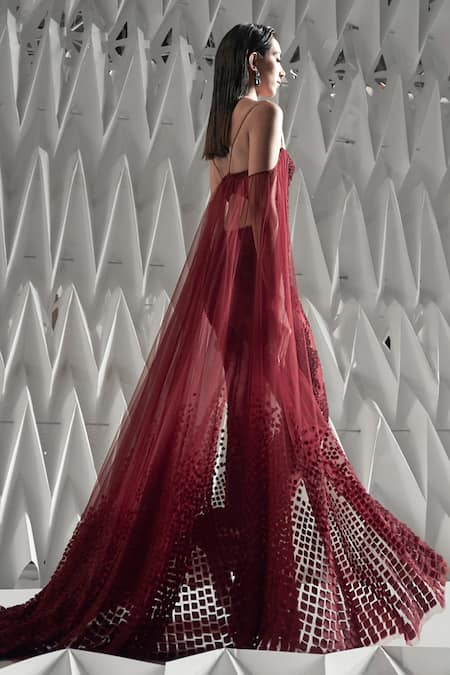 Shop_Rohit Gandhi + Rahul Khanna_Maroon Tulle, Silk Sequins, Crystals, Zari Sweetheart Axio Embellished Jumpsuit _at_Aza_Fashions