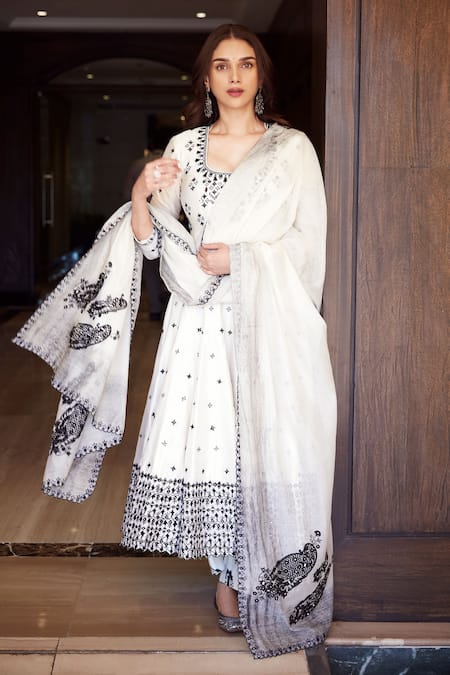 Shop_Punit Balana_Ivory Handloom Cotton, Chanderi Embellished Anarkali Set With Printed Dupatta _at_Aza_Fashions