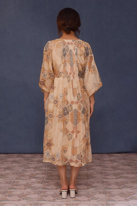 Shop_Chokhi Chorri_Beige Cotton Sequins V-neck Damsa Moroccan Tile Print Dress _at_Aza_Fashions