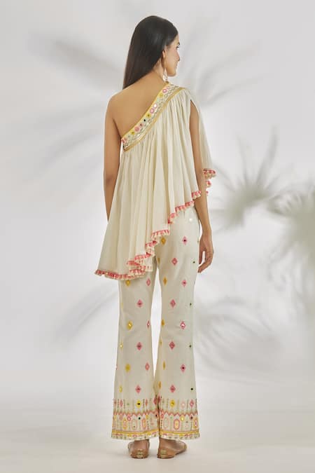 Gopi Vaid_Ivory Cotton Embroidery, Mirrors Asymmetric One Shoulder Top With Thread Pant _Online_at_Aza_Fashions