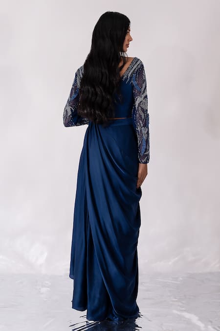 Shop PIRI INDIA Blue Satin, Tulle, Silk Sequins, Cut Amaya Lehenga Saree With Embroidered Blouse at Aza Fashions Shop_PIRI INDIA_Blue Satin, Tulle, Silk Sequins, Cut Amaya Lehenga Saree With Embroidered Blouse _at_Aza_Fashions