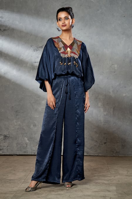 Shop Aditi Somani Blue Silk Suede Sequins, Beads And Thread Work V Embroidered Yoke Top & Pant Set at Aza Fashions Shop_Aditi Somani_Blue Silk Suede Sequins, Beads And Thread Work V Embroidered Yoke Top & Pant Set _at_Aza_Fashions