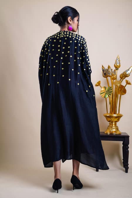 Shop Bhusattva Pink Organic Silk Embroidery Polka Dots Dress Crew A-line With Cape at Aza Fashions Shop_Bhusattva_Pink Organic Silk Embroidery Polka Dots Dress Crew A-line With Cape _at_Aza_Fashions