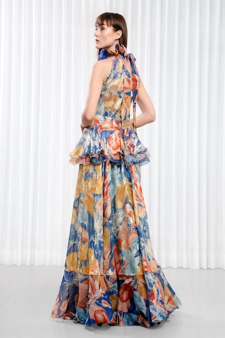 Shop Mandira Wirk Resort Multi Color Polyester, Brocade Halter Neck Hawaii Print Gown at Aza Fashions Shop_Mandira Wirk Resort_Multi Color Polyester, Brocade Halter Neck Hawaii Print Gown _at_Aza_Fashions