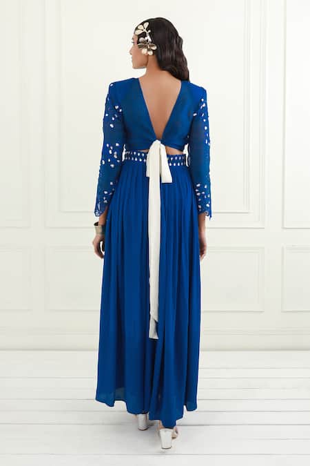 Shop_EK Soot_Blue Organza And Crepe Embroidery Resham Floral Crop Top & Skirt Set  _at_Aza_Fashions