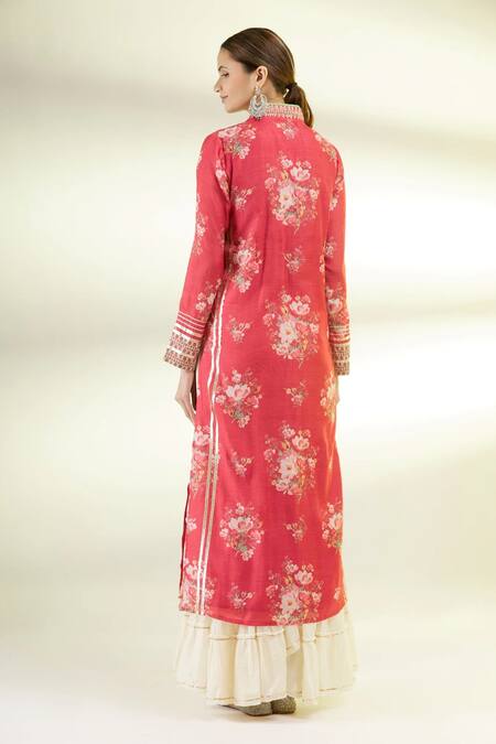 Shop Gopi Vaid Red Cotton, Silk Gota Patti V-neck Zera Floral Bloom Print Tunic at Aza Fashions Shop_Gopi Vaid_Red Cotton, Silk Gota Patti V-neck Zera Floral Bloom Print Tunic_at_Aza_Fashions