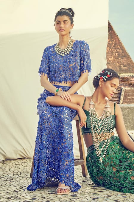 Shop_Surily G_Blue Organza Embroidered Floral Cutwork Skirt  _at_Aza_Fashions