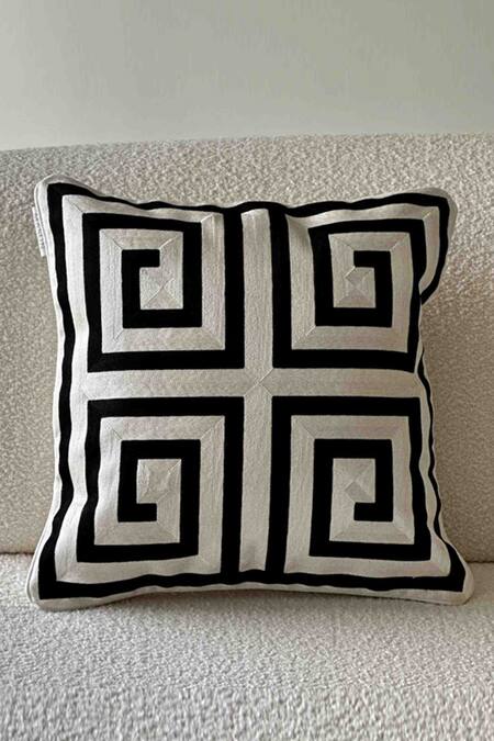 Shop Mason Home White Cotton Embroidery Monochrome Cushion Cover at Aza Fashions Shop_Mason Home_White Cotton Embroidery Monochrome Cushion Cover_at_Aza_Fashions