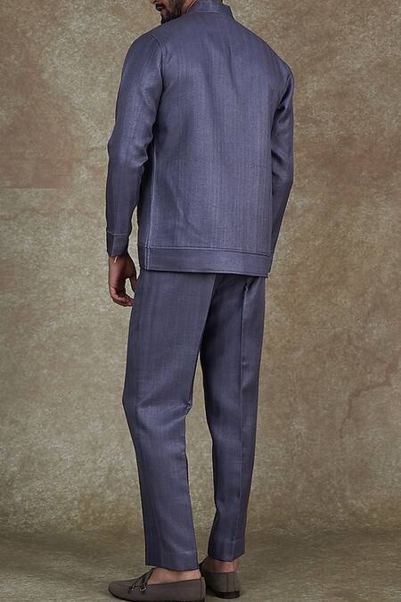 Shop Sammohan Ceremonial Purple Viscose Silk Woven Herringbone Pattern Jacket And Trouser Set at Aza Fashions Shop_Sammohan Ceremonial_Purple Viscose Silk Woven Herringbone Pattern Jacket And Trouser Set_at_Aza_Fashions