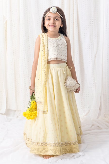 Shop Chotibuti Yellow Cotton Pearls, Sequins, Tassels Embroidered Border Lehenga Set at Aza Fashions Shop_Chotibuti_Yellow Cotton Pearls, Sequins, Tassels Embroidered Border Lehenga Set _at_Aza_Fashions