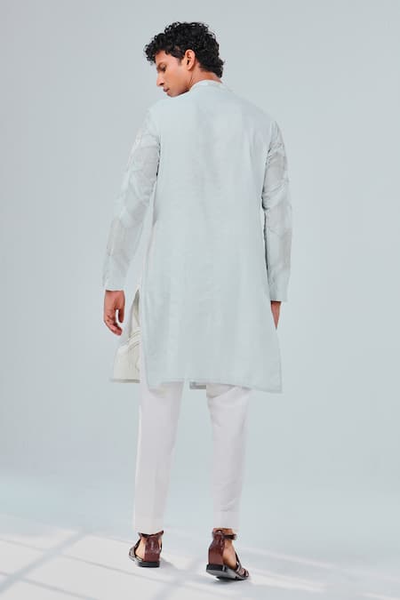 Shop_Shreyansh Designs_Blue Cotton Silk Embroidery Geometric Abstract Pattern Kurta _at_Aza_Fashions