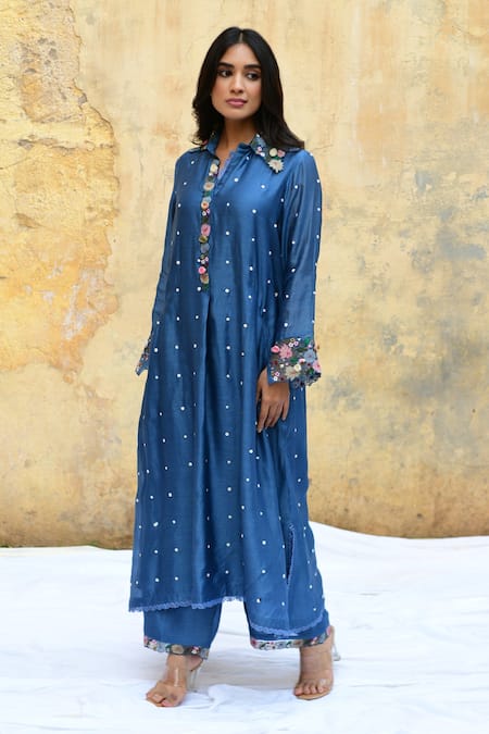 Shop Label Niti Bothra Blue Silk Embroidery Collared Polka Dot Kurta And Palazzo Set at Aza Fashions Shop_Label Niti Bothra_Blue Silk Embroidery Collared Polka Dot Kurta And Palazzo Set _at_Aza_Fashions