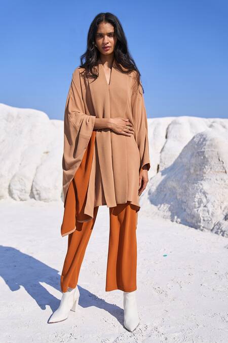 Shop_Dash And Dot_Beige Polyester Collared Camel Cape Style Top And Carrot Pant Set _at_Aza_Fashions