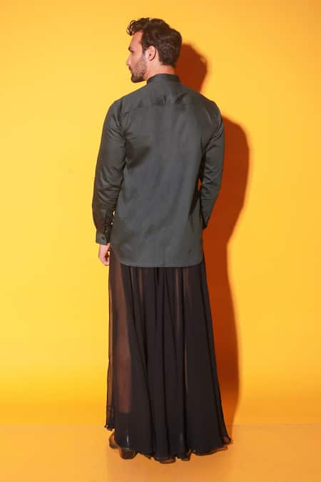 Shop Echke Green Cotton Angular Panel Shirt at Aza Fashions Shop_Echke_Green Cotton Angular Panel Shirt _at_Aza_Fashions