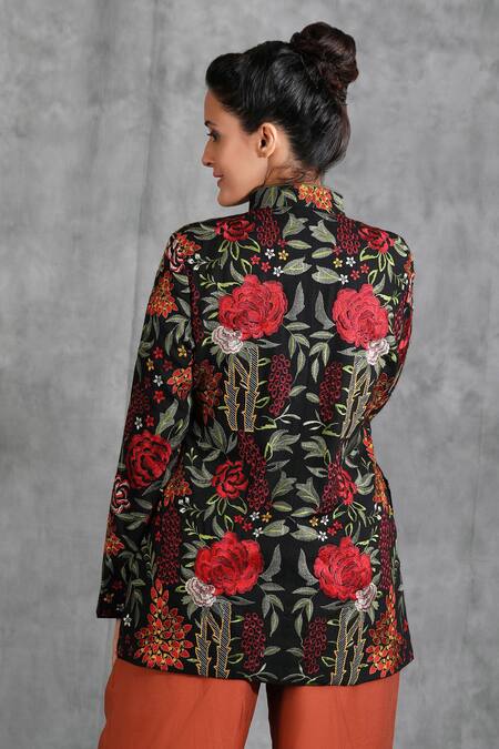 Shop Dusala Black Pashmina Thread Band Collar Rose Pattern Jacket at Aza Fashions Shop_Dusala_Black Pashmina Thread Band Collar Rose Pattern Jacket _at_Aza_Fashions