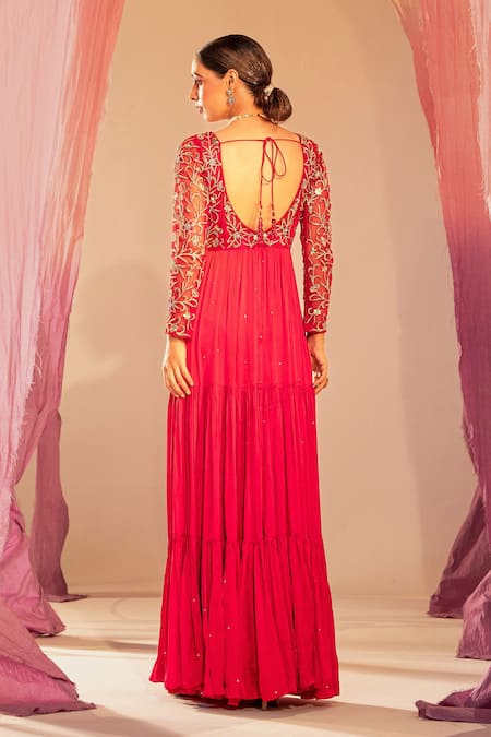 Shop Silky Bindra Pink Satin, Georgette, Net Embroidery V-neck Flower Yoke Anarkali With Dupatta at Aza Fashions Shop_Silky Bindra_Pink Satin, Georgette, Net Embroidery V-neck Flower Yoke Anarkali With Dupatta _at_Aza_Fashions