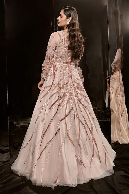 Shop Masumi Mewawalla Pink Net Embroidery Round Neck Floral Sequin Gown at Aza Fashions Shop_Masumi Mewawalla_Pink Net Embroidery Round Neck Floral Sequin Gown _at_Aza_Fashions