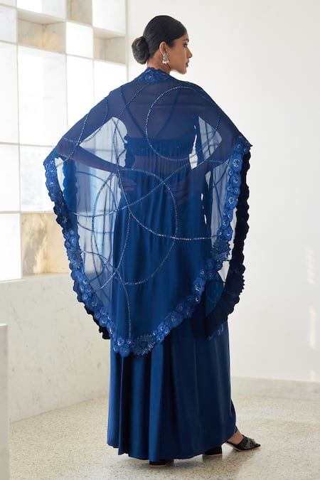 Shop_Mishru_Blue Chanderi , Satin Sequins, Aret Embroidered Cape Draped Skirt Set _at_Aza_Fashions
