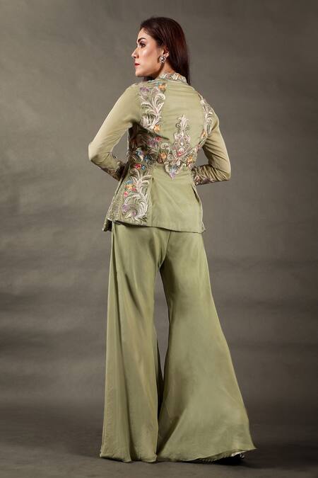 Shop_Omana By Ranjana Bothra_Green Organza, Georgette, Viscose, Satin Mayoor Jacket And Bell Bottom Pant Set _at_Aza_Fashions
