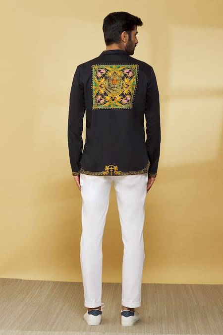 Shop MR. Ajay Kumar Black Cotton Embroidery Floral And Animal Patterned Shirt at Aza Fashions Shop_MR. Ajay Kumar_Black Cotton Embroidery Floral And Animal Patterned Shirt _at_Aza_Fashions