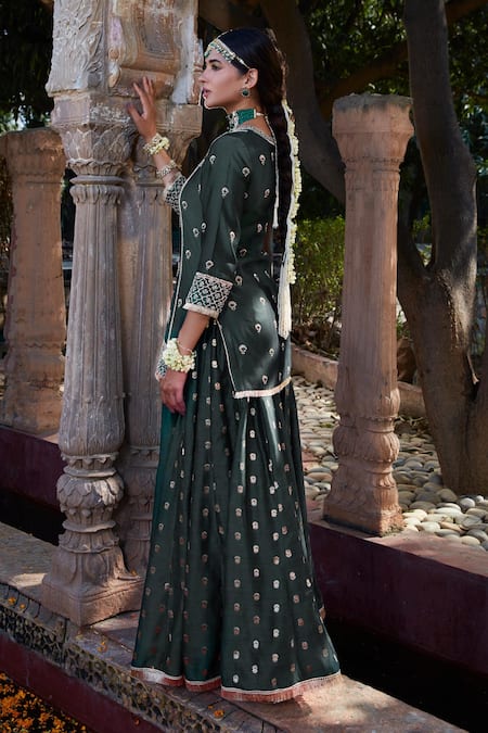 Shop Kritika Dawar Green Chanderi, Organza Embroidery, Pearls, Zari Dori Kurta Sharara Set at Aza Fashions Shop_Kritika Dawar_Green Chanderi, Organza Embroidery, Pearls, Zari Dori Kurta Sharara Set _at_Aza_Fashions