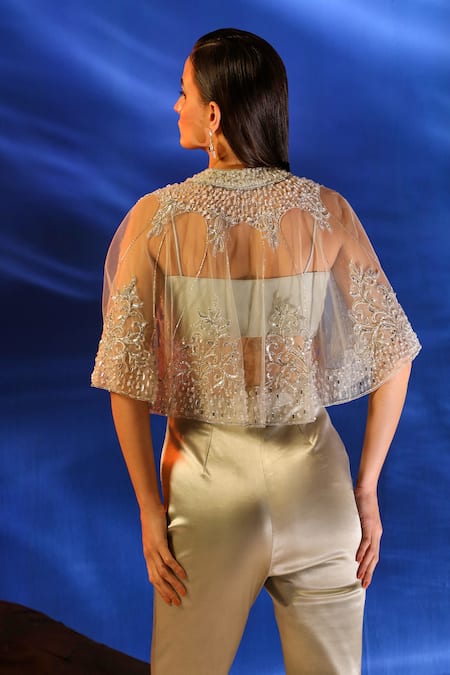 Shop_Jade By Ashima_Grey Georgette, Lycra Cut Work, Sequins, Kelpie Hand Embroidered Cape And Pant Set _at_Aza_Fashions