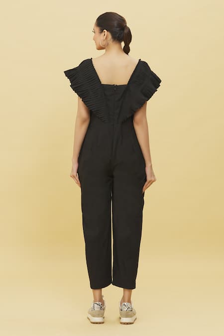 Shop Naintara Bajaj Black Poplin Square Neck Pleated Overlay Jumpsuit at Aza Fashions Shop_Naintara Bajaj_Black Poplin Square Neck Pleated Overlay Jumpsuit _at_Aza_Fashions
