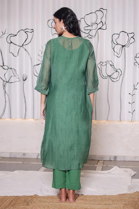Shop_Tatwa_Green Handloom Cotton, Viscose, Silk Chanderi Floral Kurta And Pant Set_at_Aza_Fashions