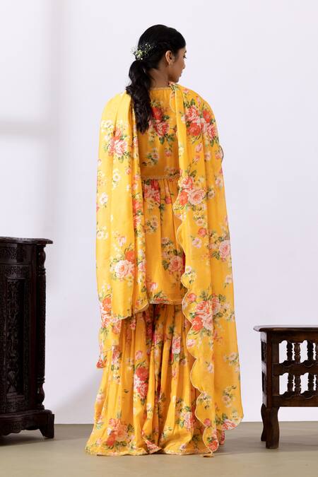 Shop Abbaran Yellow Chanderi Tassels, Embroidery V-neck Floral Printed Kurta Gharara Set at Aza Fashions Shop_Abbaran_Yellow Chanderi Tassels, Embroidery V-neck Floral Printed Kurta Gharara Set_at_Aza_Fashions