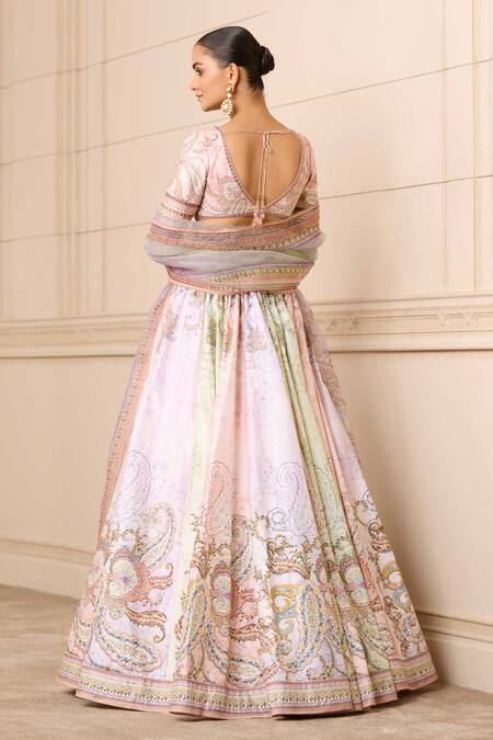 Shop_Tarun Tahiliani_Multi Color Silk, Cotton Embroidery, Tassels V-neck Paisley Print Lehenga Set_at_Aza_Fashions