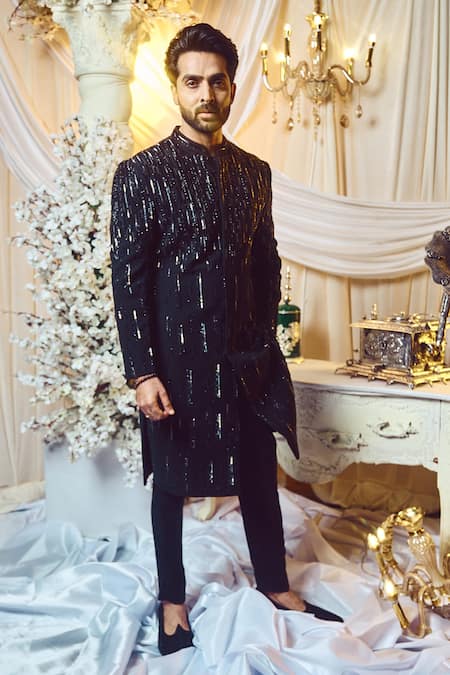 Shop Varun Chakkilam Black Polyester Embroidery Sherwani Set at Aza Fashions Shop_Varun Chakkilam_Black Polyester Embroidery Sherwani Set _at_Aza_Fashions
