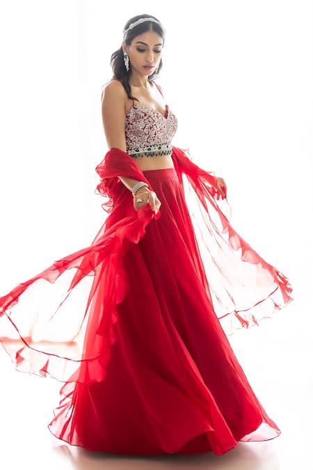 Shop Sunita Bhandari Red Viscose, Organza Embroidery, Sequins, Zari, Cut Hand Blouse Lehenga Set at Aza Fashions Shop_Sunita Bhandari_Red Viscose, Organza Embroidery, Sequins, Zari, Cut Hand Blouse Lehenga Set _at_Aza_Fashions